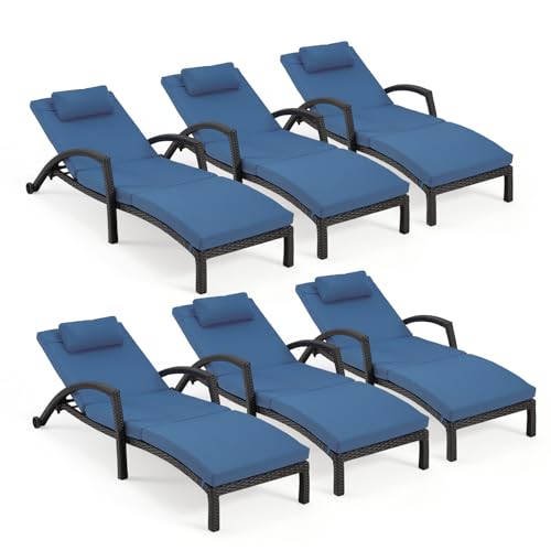 HOMREST Chaise Lounge Chairs Set of 6 PE Rattan Adjustable Poolside Dark Blue