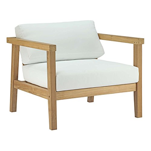 Modway Bayport Outdoor Patio Teak Set: Two Armchairs, Loveseat & Coffee Table Natural White