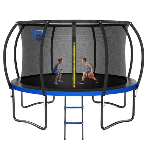 Kiivakii Outdoor Trampoline with Basketball Hoop & Enclosure Net, 12FT/14FT, Blue