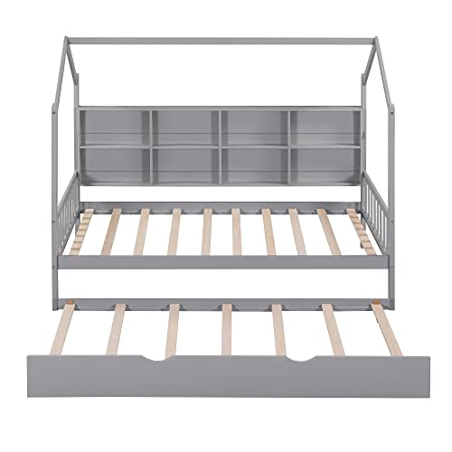 Acosure Metal House Bed Frame with Roof and Slats Support, Montessori Design, Full Size, Grey