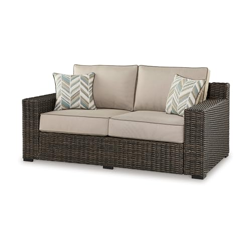 Benzara 71 Inch Outdoor Loveseat with 2 Throw Pillows Resin Wicker Brown Beige Black