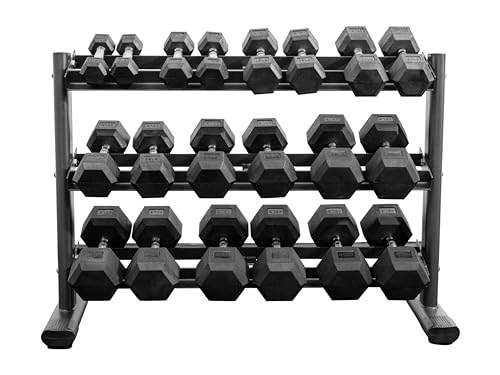 BK BodyKore Rubber Hex Dumbbell Set with 3 Tier Commercial Rack