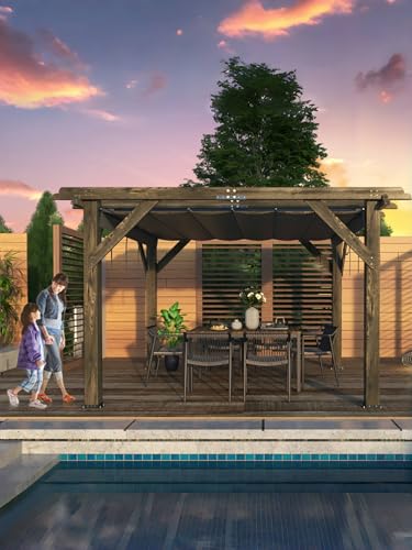 Perbyste 10' x 12' Outdoor Wood Pergola with Retractable Shade Canopy Charcoal Gray
