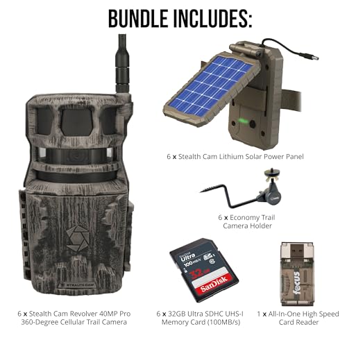 Stealth Cam Revolver 40MP Cellular Trail Camera Bundle with Solar Power Panel, Holder, 32GB Card - 6-Pack