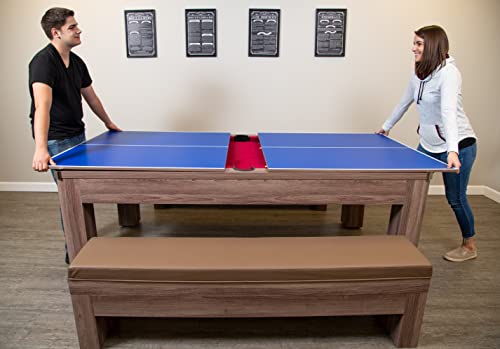 Hathaway Newport 7-ft Pool Table Tennis Combination with Dining Top, Two Storage Benches - Woodtone