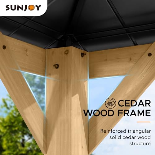 Sunjoy Hardtop Gazebo 11x11 ft Cedar Frame Black Steel Polycarbonate Roof Black + Natural Wood