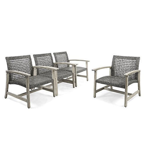 Great Deal Furniture GDFStudio Outdoor Wood and Wicker Club Chairs Set of 4 Gray Finish Mixed Black