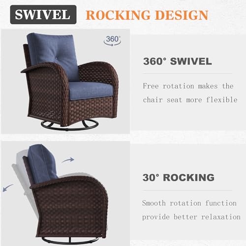Vakollia 9-Piece Patio Furniture Set, Wicker Rattan High Back Outdoor Swivel Rocking Chairs with Couch, Ottomans, and Side Table Brown/Navy Blue