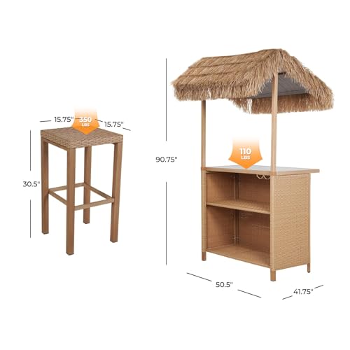 Grand Patio Outdoor Tiki Bar Set with Widen Ceramic Top, Phuket 3-Piece Wicker Islander Tiki Bar and 2 Stools, Tan