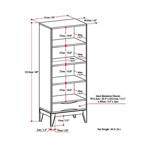 SIMPLIHOME Harper Solid Hardwood 24" Mid Century Modern Bookcase Walnut Brown