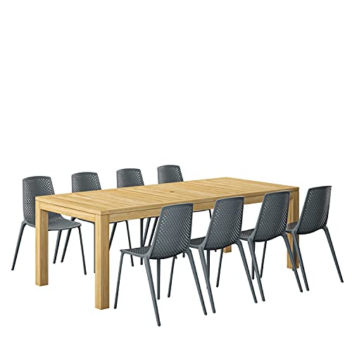 Amazonia Biscayne 9 Piece Patio Dining Set Teak Table Grey Resin Chairs Grey
