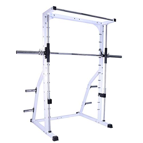 Deltech Fitness DF4900 Smith Machine with Linear Bearings, Weight Plate Storage, Pull-Up Bar, Squat Rack, Half Power Cage White and Black