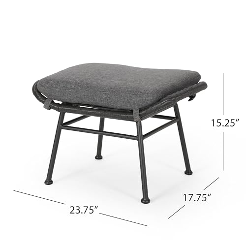 Benzara Margo Outdoor Ottoman Set of 2, 24 Inch Iron with Cushion Gray Black