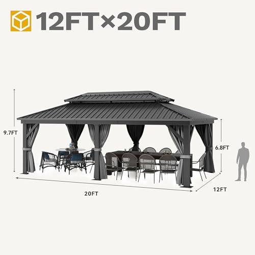 DWVO 12x20ft Hardtop Gazebo Double Roof with Nettings and Curtains Gray