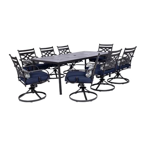 Hanover Montclair 9-Piece Outdoor Dining Set with 8 Swivel Rocker Chairs and Table, Navy