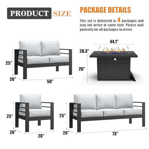 Vakollia 5 Pieces Modern Aluminum Patio Furniture Set with Fire Pit Table Black/Glass Top