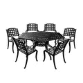 Oakland Living Modern Ornate Outdoor Mesh Aluminum 63-in Hexagon Patio Dining Set with Lazy Susan and Six Chairs Black