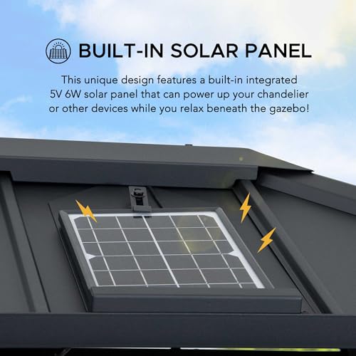 Sunjoy Hardtop Gazebo 10x12 ft Outdoor Patio Aluminum Frame with Solar Panel and Netting Black