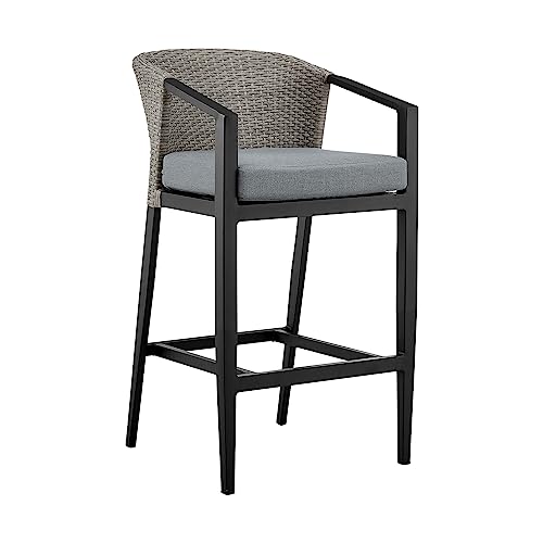 Armen Living Aileen Outdoor Patio 5-Piece Bar Table Set Aluminum with Grey Cushions Black