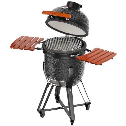 ROOMTEC 18-Inch Kamado Ceramic Charcoal Grill Portable with Cart and Side Shelves Black-B