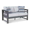 Benzara 55 Inch Outdoor Loveseat Gray Frame Cushioned Seat with 2 Throw Pillows Grey