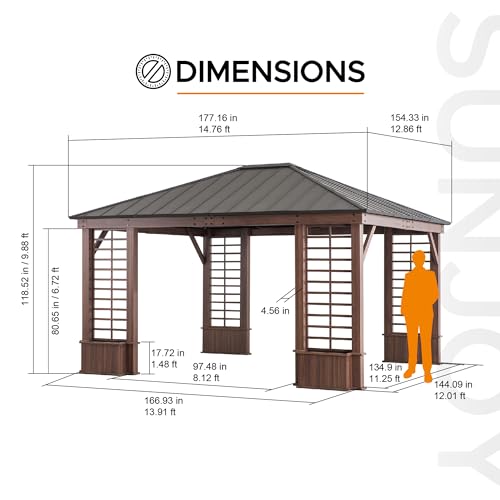 Sunjoy Hardtop Gazebo Aluminum Frame with Planters 13 ft. x 15 ft. Brown