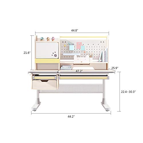 FCD Wood Ergonomic Kids Study Desk and Chair Set, Height Adjustable, 47" Tiltable Desktop with Bookshelf and Hutch, Multi-Function Pink Chair