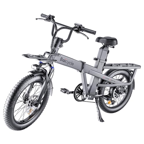 Baicycle Folding Electric Bike 62-Mile Range 48V Removable Battery 20-Inch Fat Tire Grey