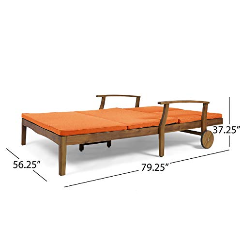 Great Deal Furniture GDFStudio Double Chaise Lounge Acacia Wood Teak Finish Orange Cushions