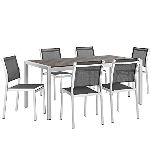 Modway Shore 7-Piece Aluminum Outdoor Patio Dining Table Set Silver Black