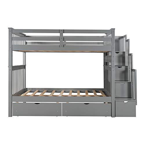 Harper & Bright Designs Full Over Full Bunk Bed with Storage Drawers and Stairway Grey
