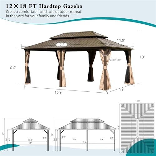 LOPOO Hardtop Gazebo Aluminum with Double Roof Brown