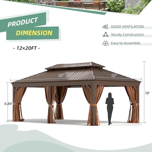 Jolydale Sonegra 12' x 20' Permanent Hardtop Gazebo Aluminum Frame with Curtains & Netting Brown