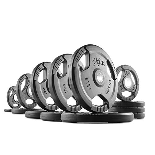 XMark Combo Offer 255 lb Set of Premium Quality Rubber Coated TRI-GRIP Olympic Weight Plates XM-3377 with 7 ft Deadlift VOODOO Commercial Olympic Bar