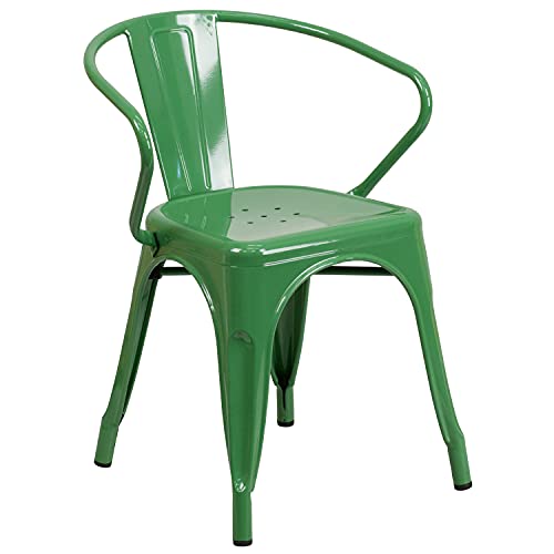Flash Furniture Commercial Grade 30" Round Metal Indoor-Outdoor Table Set with 4 Arm Chairs Green