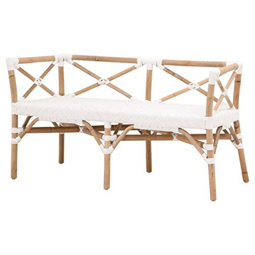 Benzara Benjara Kelly 52 Inch Accent Bench Handwoven Crossed Rattan White and Brown
