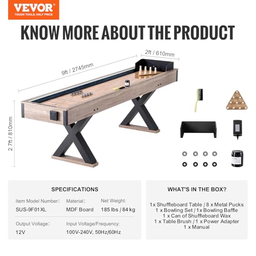 VEVOR 9ft LED Shuffleboard Table & Bowling Combo Black + Brown