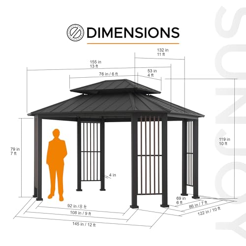 Sunjoy 11 x 13 ft. Hardtop Gazebo Outdoor Steel with Dual Rails and Ceiling Hook Grey