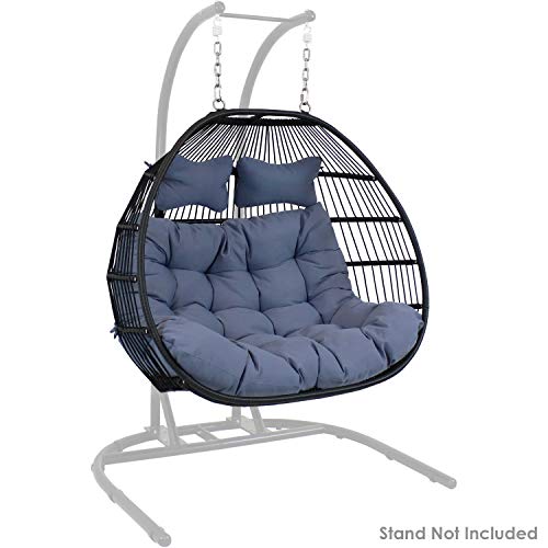 Sunnydaze Liza Loveseat Egg Chair with Gray Cushions - Black Wicker Frame - 550 lb Capacity - 43" Tall Grey
