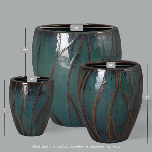 Emissary Teal Stoneware Round Planters 20in x 22in (Set of 3)