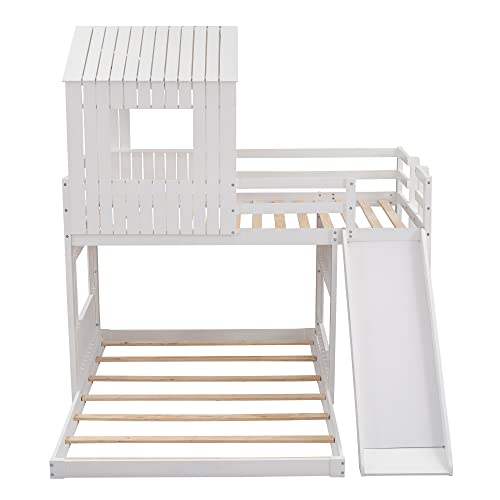 Harper & Bright Designs Twin Over Full House Bunk Bed with Slide and Roof White