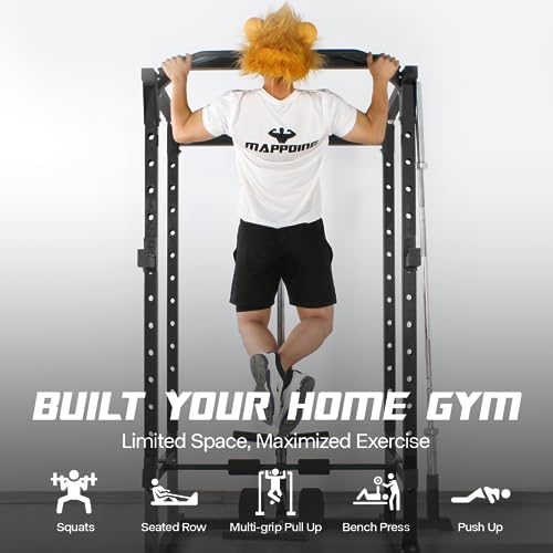 Mappding Power Cage Black Multi-Functional Power Rack with J-Hooks, Dip Handles, Landmine Attachment and Cable Pulley System Q2 Black