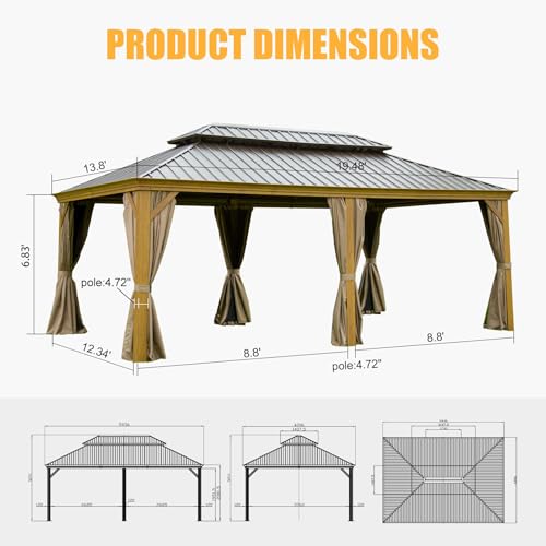 LOPOO Outdoor Living Hardtop Gazebo Metal Structure with Double Roof & Curtains Yellow Brown