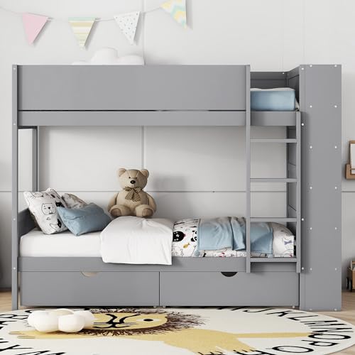 KTATK Twin Over Twin Bunk Bed with Storage Drawers and Cabinet Gray