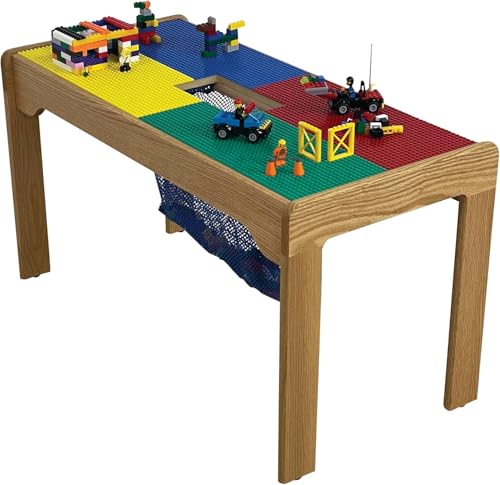 Table Toys Lego-Compatible Table with Mesh Net, Solid Wood, Multi Color