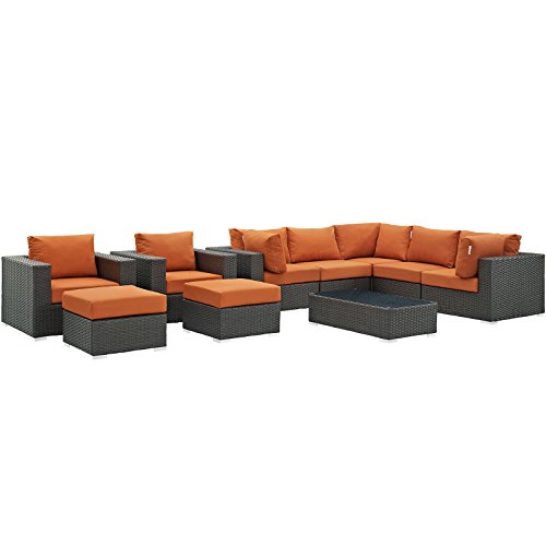 Modway Sojourn Wicker Rattan 10 Piece Outdoor Patio Sectional Set Canvas Tuscan