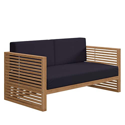 Modway Carlsbad Modern Teak Wood Fabric Patio Loveseat Navy Natural