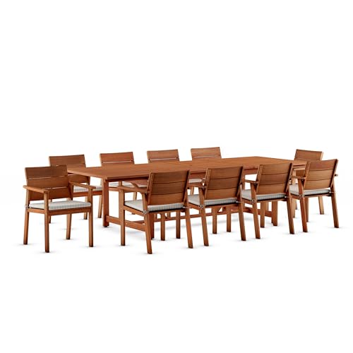 Brampton Patio 11-Piece Extendable Dining Table Set Eucalyptus Wood with White Cushions Brown