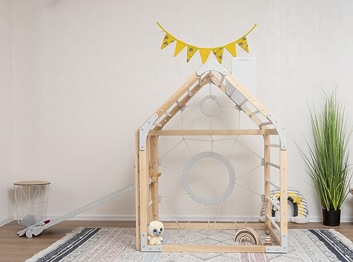 Wood And Hearts Toddler Gym Playhouse Montessori Climbing Set Natural Wood+Gray