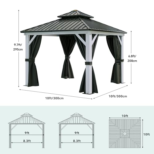 YITAHOME White Gazebo 10x10ft Hardtop Double Roof with Netting and Curtains